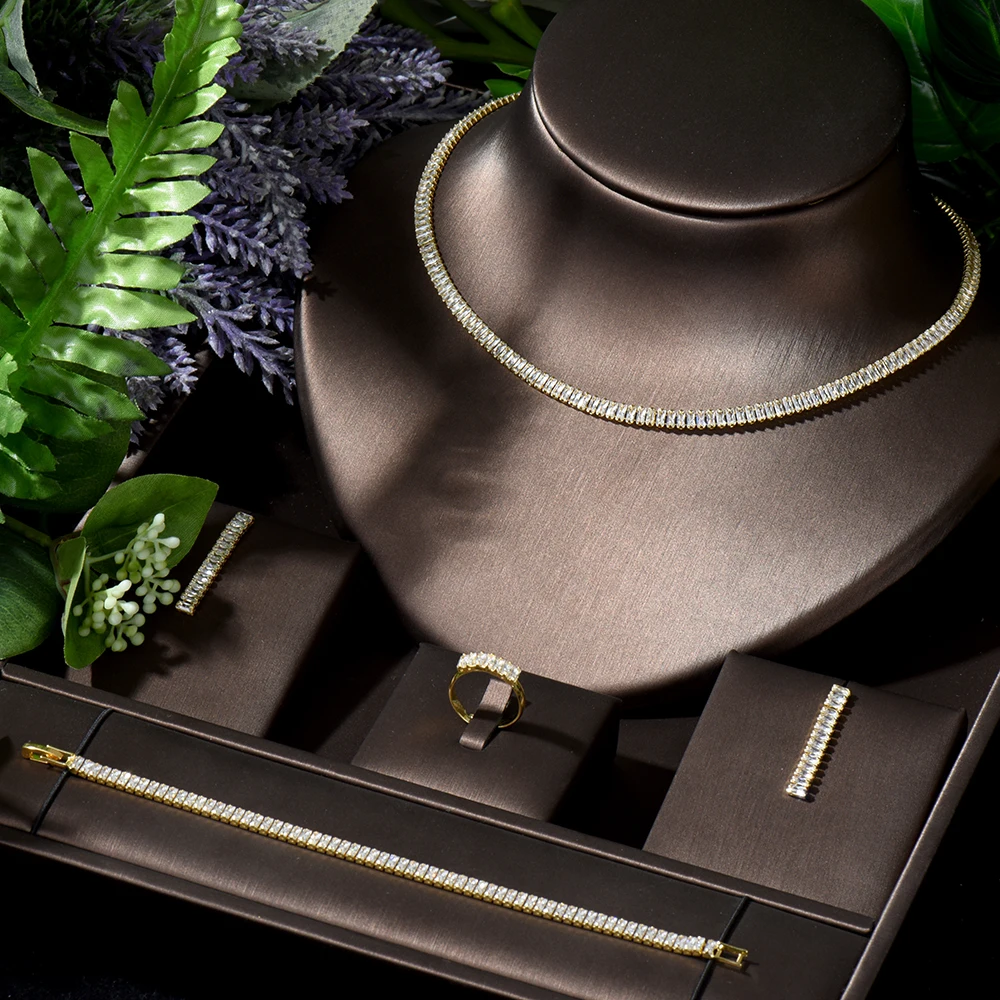 Luxury 4pcs Necklace and Earring Set Baguette Zirconia Choker Design Afr... - £46.66 GBP
