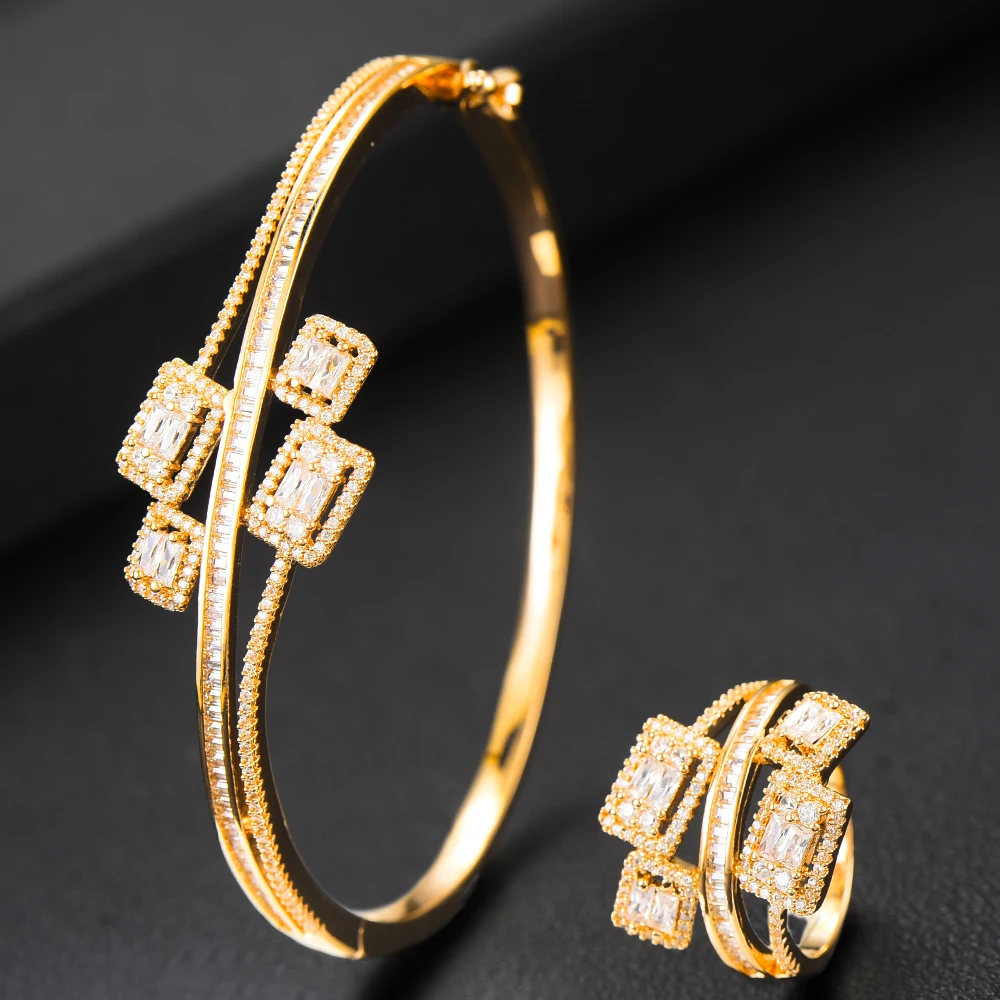 Korea Trendy 2pcs/Sets Bangle Ring Set Jewelry Set For Women Wedding Cubic Zirco - £42.38 GBP