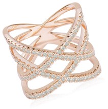 Rose Gold Double Criss Cross Ring CZ Pave Band 6 - £57.92 GBP