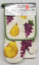 3Pc Printed Kitchen Set:1Pot Holder 1Oven Mitt &amp;1 Towel Fruits Grapes &amp; Pears Bh - £19.16 GBP