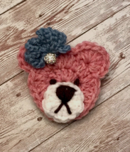 Handmade Crocheted PINKY BEAR Pin/Brooch with a Round Rhinestone Centerpiece - £8.03 GBP