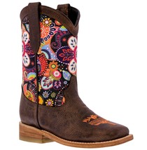 Kids Western Boots Brown Leather Paisley Flowers Cowgirl Square Toe Bota... - £41.60 GBP
