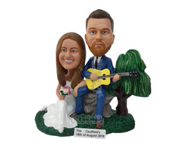 Custom Bobblehead Man Sitting On A Rock Holding Guitar Playing For His Wife Who  - £186.01 GBP