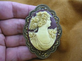 (CL4-26) Roman Roses Woman Ivory + Burgundy Cameo Pin Pendant Jewelry Necklace - £28.68 GBP