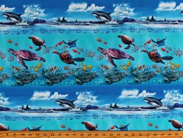 Cotton Ocean Stripe Sea Animals Fish Turtles Dolphins Fabric Print BTY D759.48 - £9.98 GBP