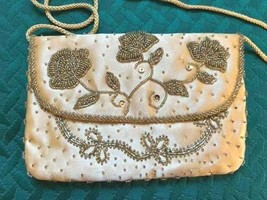 Valerie Stevens Gold Satin Envelope Bag with Beaded Design - Vintage - $18.00