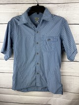 Mountain Hardwear Size Small Hiking Shirt Button Front S/S Blue Plaid Side Vents - £15.51 GBP