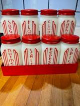 Vintage spice jars set and original metal rack with new vinyl labels - £54.75 GBP