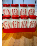 Vintage spice jars set and original metal rack with new vinyl labels - $96.04 CAD