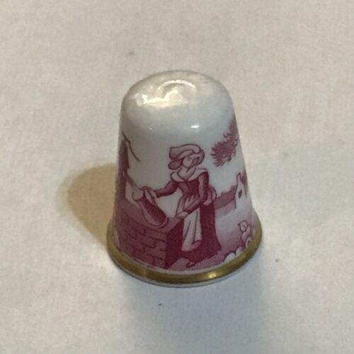 Vintage 80s Thimble Spode of England Fine Bone China Red Printed Girl at Well - $11.88