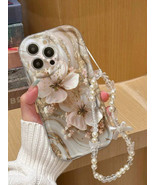 Floral Cream Wavy Edge Phone Case with Chain for iPhone 13 to 16 Pro Max - $7.66