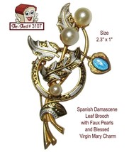 Spanish Damascene Pin Leaf Brooch with Faux Pearls Vintage Brooch 2.3&quot; Pin - £11.70 GBP