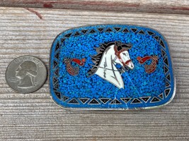 Vtg Taxco Silver Belt Buckle Crushed Turquoise Horse &amp; Spurs Mexico - £15.78 GBP