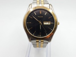 Vintage Pulsar Quartz Watch Mens New Battery Two-Tone Black Day/Date Dial 37mm - £32.27 GBP