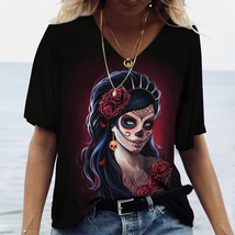 Dia de los muertos skull gothic steampunk Women&#39;s T Shirt Tops V Neck Ca... - £7.72 GBP