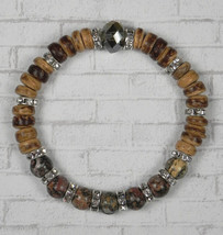 Wood Crystal Jasper Rhinestone Stretch Bracelet Handmade 7.5&quot; New - $18.80