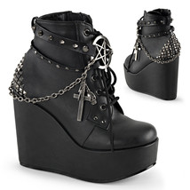 DEMONIA Womens Wedge Platform Cross Chains Goth Punk Gothic Ankle Boots Booties - £90.27 GBP
