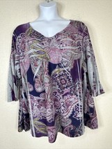 Essentials Womens Plus Size 4X Purple Paisley Scoop Neck Knit Top 3/4 Sl... - $17.06