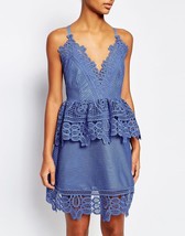 Self Portrait V-Neck Blue Cornflower Peplum Mini Dress Size UK 6 US 2  - £96.12 GBP