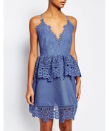Self Portrait V-Neck Blue Cornflower Peplum Mini Dress Size UK 6 US 2  - $122.50
