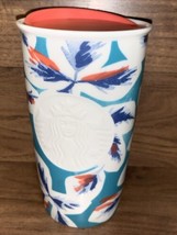 Starbucks 2016 Ceramic Tumbler Teal &amp; Coral Leaf Raised Mermaid Travel Mug 12 oz - £8.51 GBP