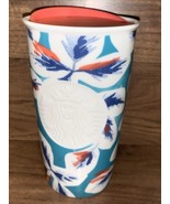 Starbucks 2016 Ceramic Tumbler Teal &amp; Coral Leaf Raised Mermaid Travel M... - $216.02 MXN