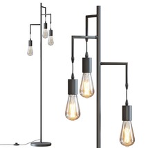 Farmhouse Industrial Floor Lamp, Black Metal, 3 Edison Led Bulbs, Elegant Design - £69.85 GBP
