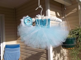 Baby Girl Turquise Full Tutu Dress With Pearls And Stretchy Handmade Headband - £19.78 GBP