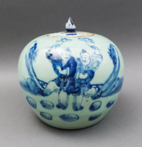 Antique Chinese Celadon Blue Painted Figural Scene Porcelain Lidded Ginger Jar - £799.19 GBP