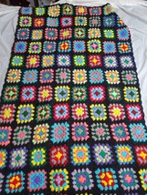 Crochet Handmade Afghan Granny Square Throw Lap Blanket 55x34” Black Multi Vtg - $24.70