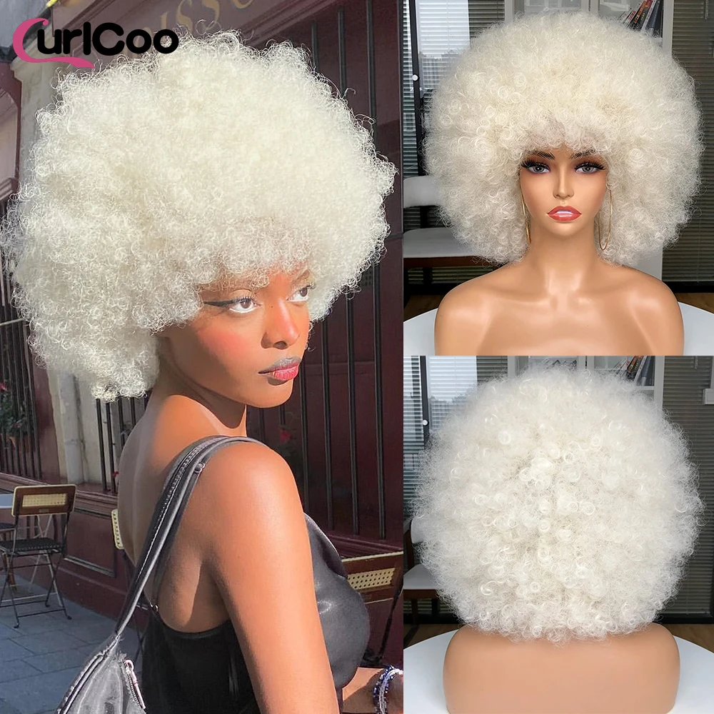 High Puff Afro Kinky Curly Wigs with Bangs Synthetic Wigs For Black Women Omb - £19.97 GBP+
