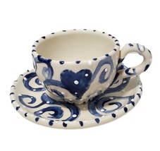 RARE Vtg Cup &amp; Saucer White Textured Embossed Dots Heart Blue Swirl Signed &amp; - £21.89 GBP