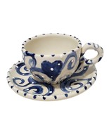 RARE Vtg Cup &amp; Saucer White Textured Embossed Dots Heart Blue Swirl Sign... - £22.15 GBP