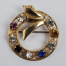 Vintage Style ART Deco Estate Gold Tone Circle w/ Rhinestones Metal Brooch 1.25&quot; - £10.01 GBP