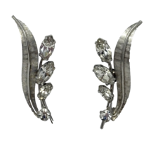 Vintage Krementz Rhinestone Silvertone Leaf Earrings, Screwback - $15.19