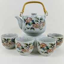 Japanese Tea Set Teapot 4 Cups Stoneware Blush Pink Blue Floral Greenery... - $44.54