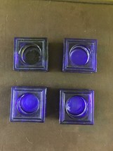 Set Of 4 Design Ideas Little Blue Square Glass Candle Holders Cobalt Clear Line - £31.60 GBP