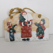 Santa &amp; Kids Hand Painted Wall Hanging w/Rope Handle Christmas Snowing 14&quot; x 9&quot; - £15.46 GBP