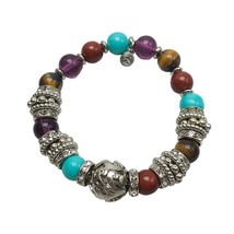 RJ Graziano Blue Faux Turquoise Multicolor Glass Beads Stretch Bracelet Vintage - £13.77 GBP