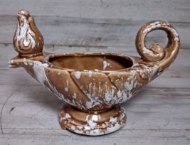 Vintage MCM Pottery Genie Aladdin Lamp Succulent Planter Brown White Splatter - £6.69 GBP