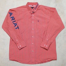 Ariat Pro Series Orange Long Sleeve Button Down Spellout Check Shirt Mens Medium - £22.26 GBP