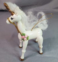 Vintage Wood Unicorn Ornament Painted White with Roses Adler&quot; - £11.83 GBP