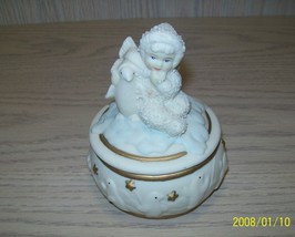 Bisque Porcelain Snow Baby Cherub With Penguins Candy Trinket Box - £6.25 GBP
