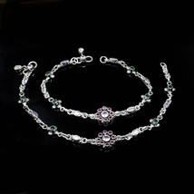 Asian Ethnic 925 Real Sterling Silver CZ Oxidized Women Anklets Ankle 10.5&quot; - £92.26 GBP