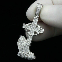1.50Ct Round Cut Cubic Zirconia Hands Cross Pendant 14K White Gold Plated-Silver - £131.88 GBP