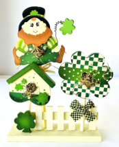 St Patrick&#39;s Day Bird Houses Wood Figurine Shamrocks Picket Fence 10 x 8... - $19.34