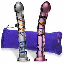 LeLuv Dildo 8 Inch Glass Party Dildo Beaded Tip Swirled Shaft with Padded Pouch - £26.32 GBP