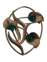 Vintage Calla Lily Art Nouveau Brass Floral Brooch Lapel Pin Green Stone... - $21.04