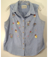 Basic Editions Women's XL Sleeveless Button Shirt Plaid Embroidered Flowers Bird - $15.79