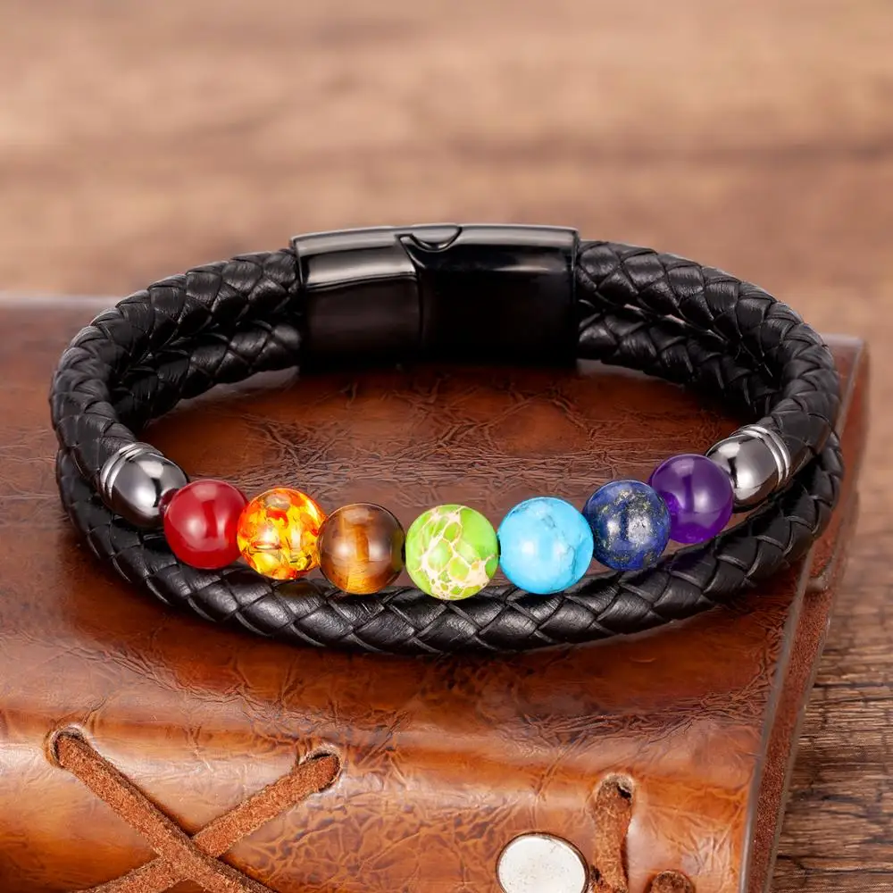 New Chakra Men Bracelet 7 Color Natural Yoga Healing Stone Beads Bracelets Black - £10.58 GBP+